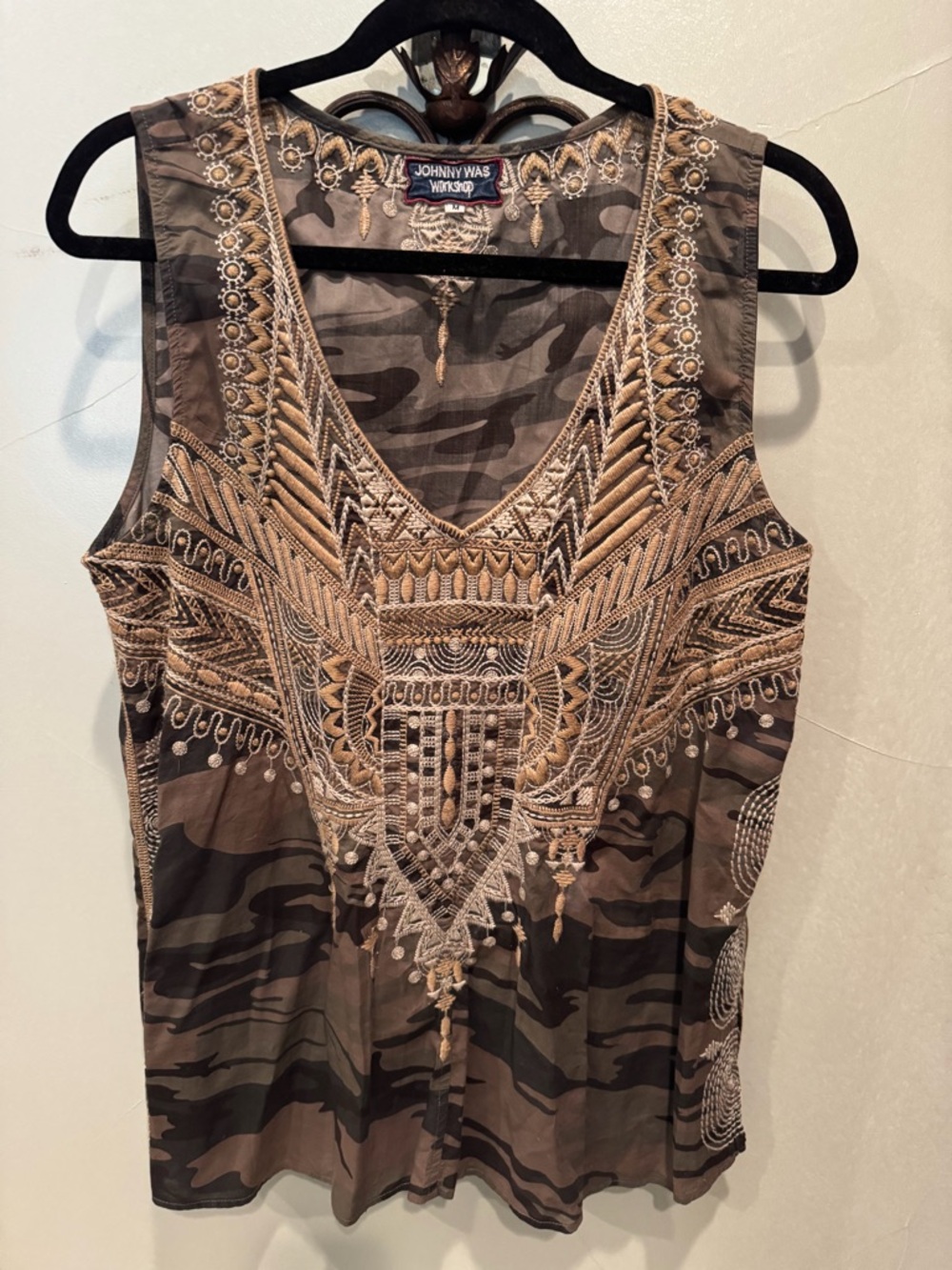 Johnny Was Brown Camouflage Embroidered V-Neck Tank